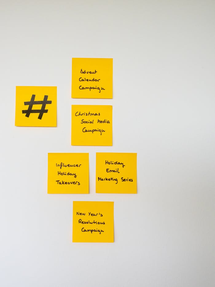 services-03 Yellow sticky notes with handwritten marketing campaign ideas on a wall.